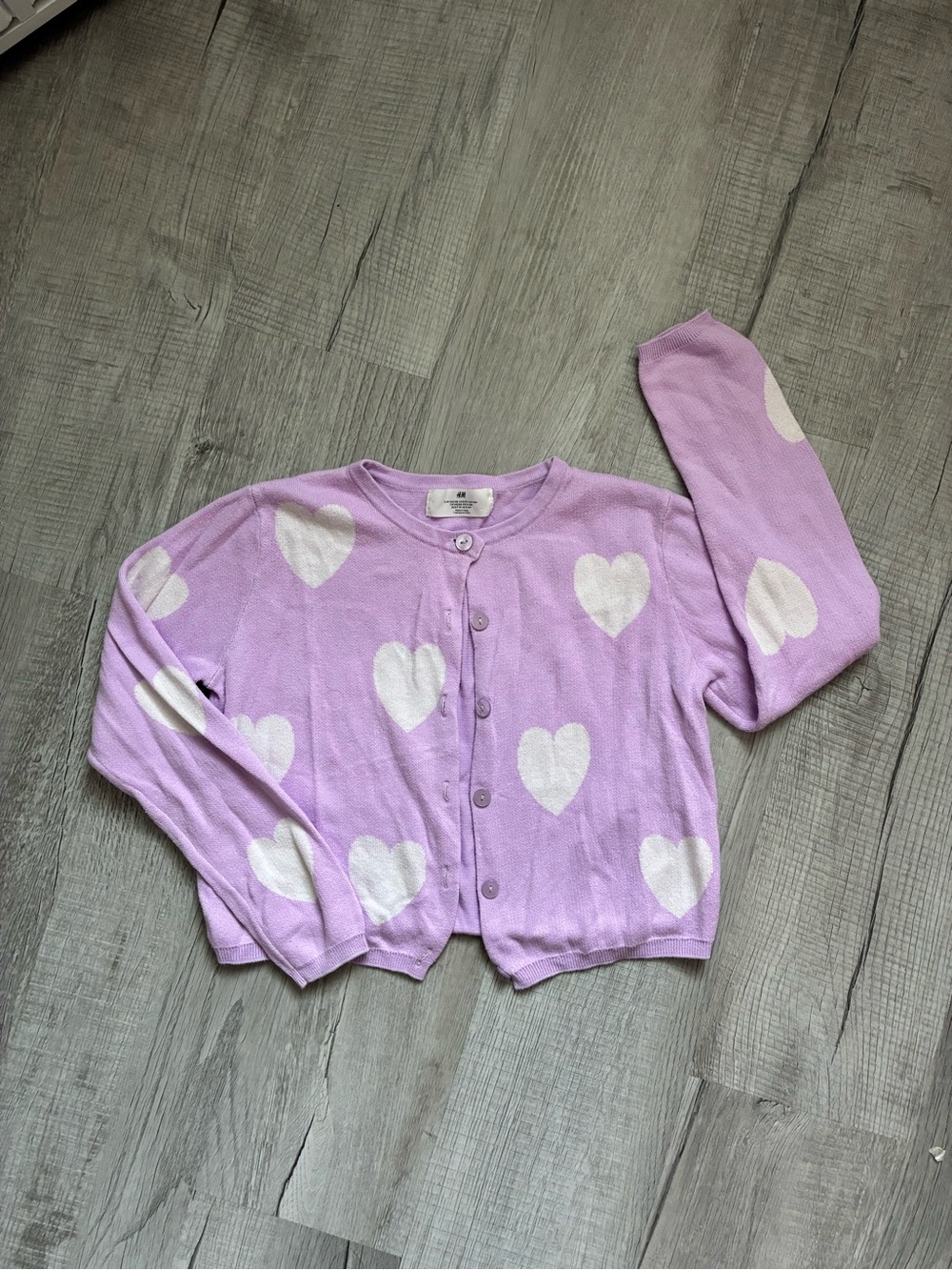 H&M Knitted Cardigan for Girls – Lilac with White Heart Print size 8/10